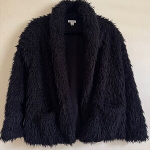 Love Fire Shaggy Black Teddy Jacket, Shawl Collar, Open Front, Size Medium